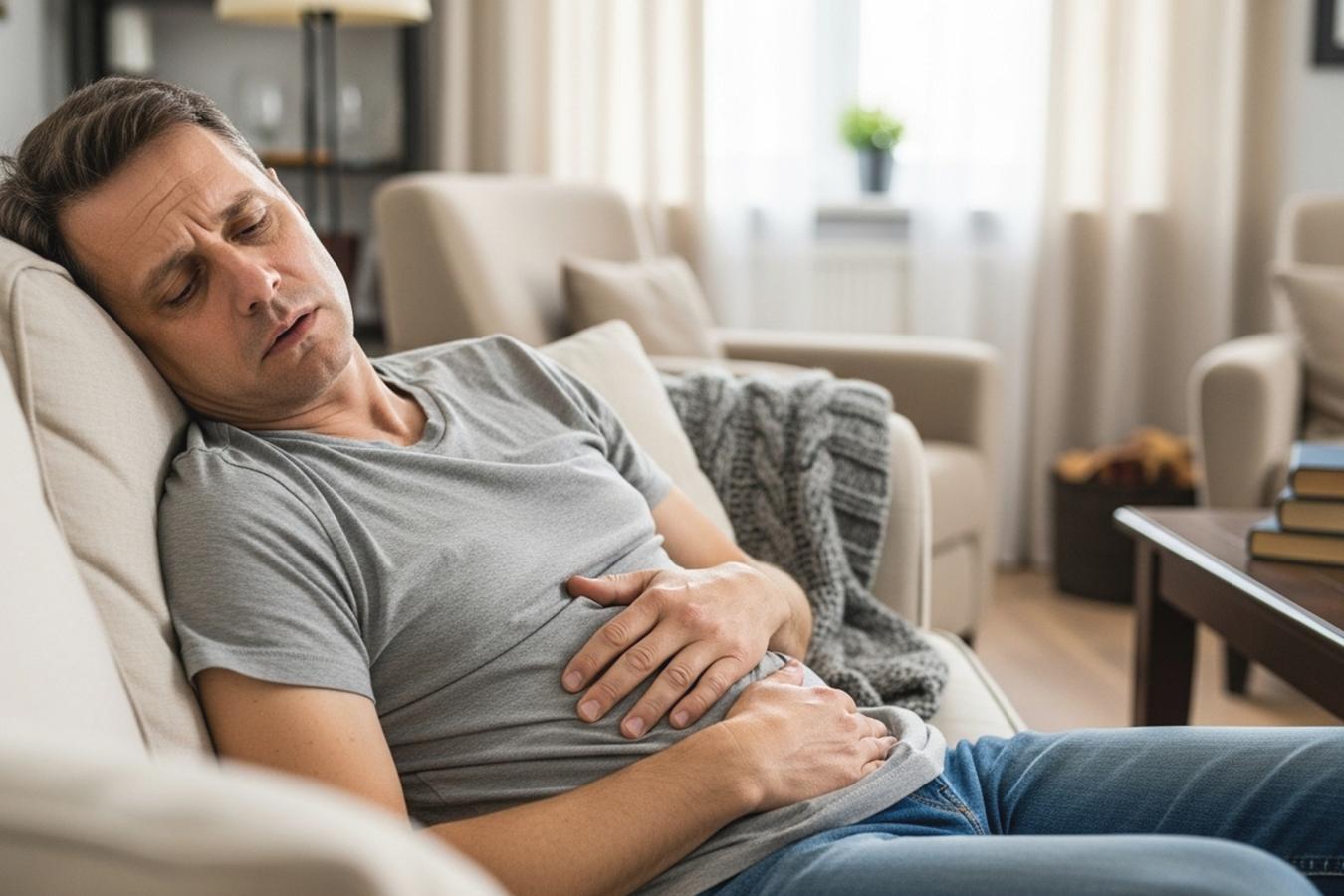 Мужчина лежит на диване и держится за живот